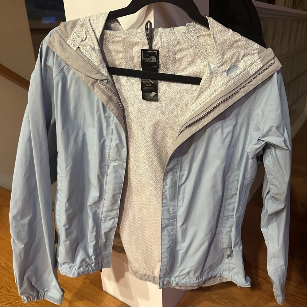 North face rain jacket. Size XS extra small light blue.